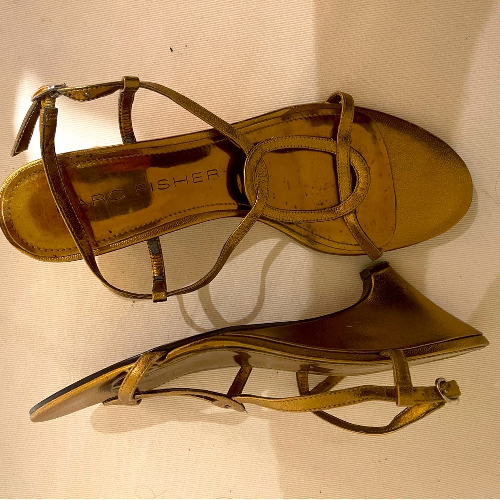 Marc Fisher Gold Sandals with Crisscross Straps
